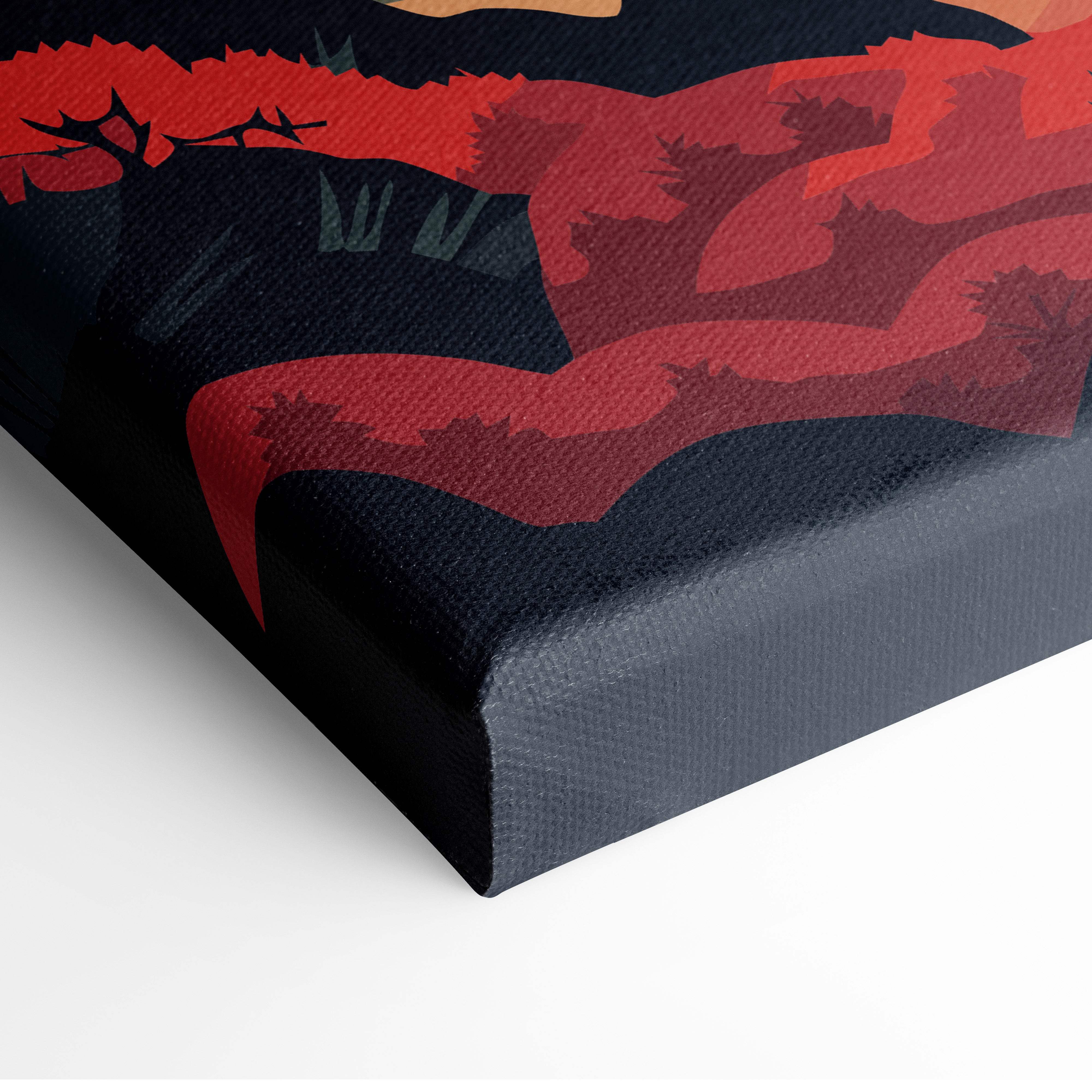 Black canvas print featuring bold red and dark gray abstract shapes for mount fuji sunset wall art decor