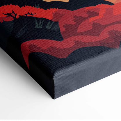 Black canvas print featuring bold red and dark gray abstract shapes for mount fuji sunset wall art decor