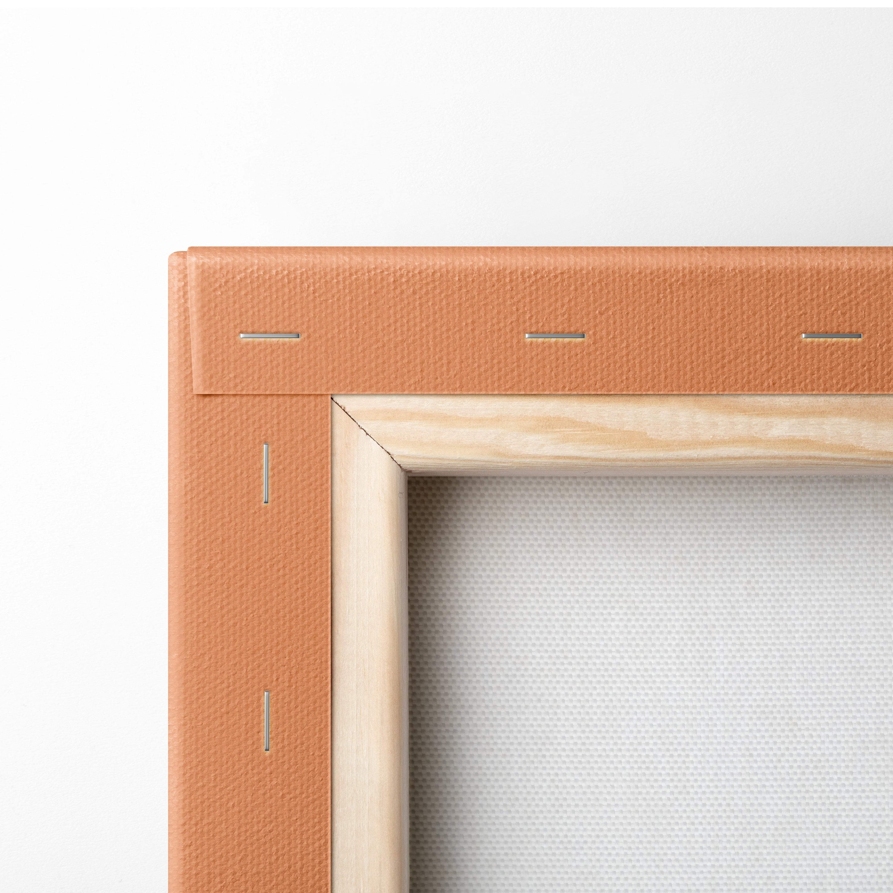 Tan textured canvas frame with light wood inner border for mount fuji sunset canvas wall art in warm zen colors