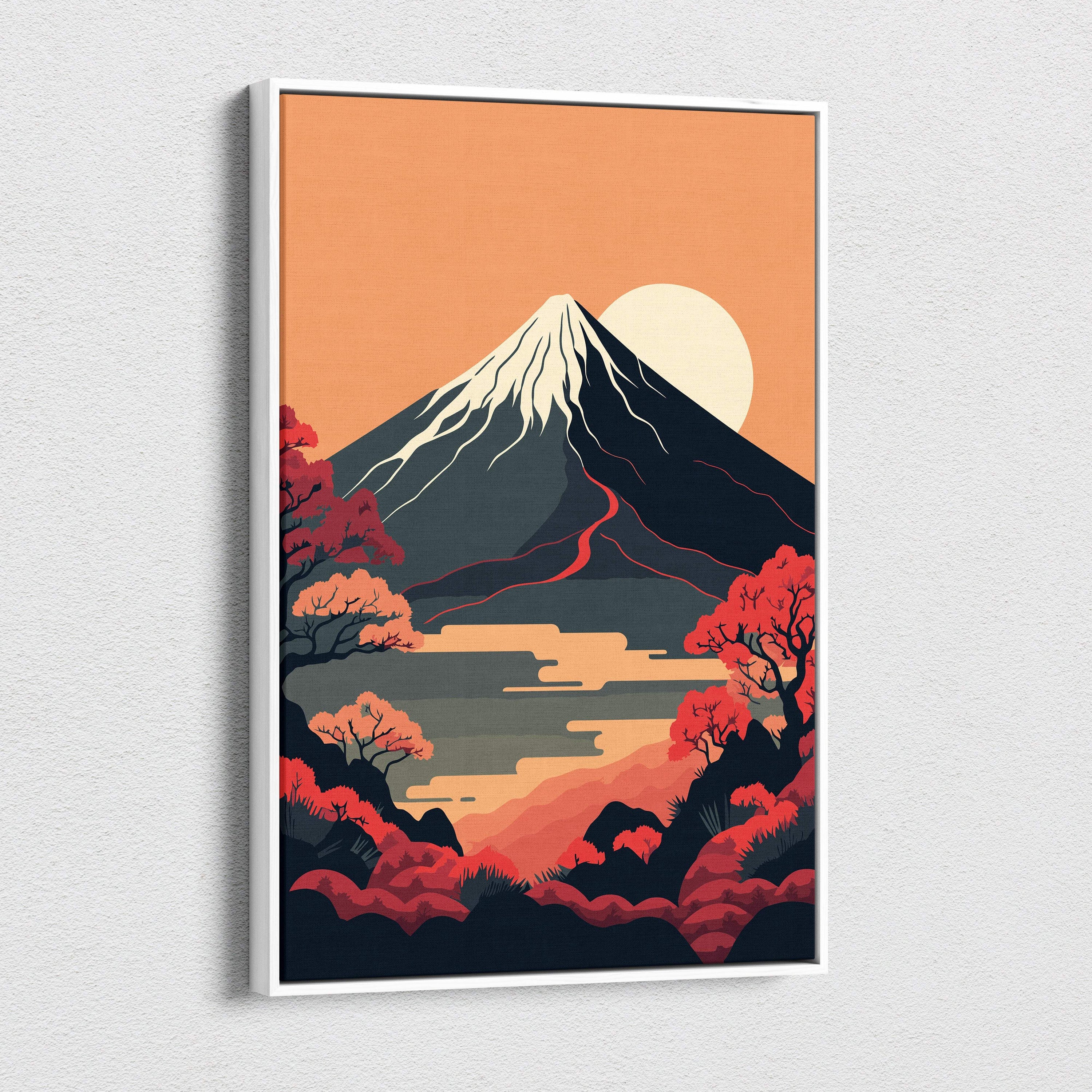 A framed mount fuji sunset canvas wall art with vibrant red autumn trees and an orange sky in minimalist style