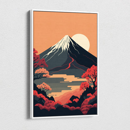 A framed mount fuji sunset canvas wall art with vibrant red autumn trees and an orange sky in minimalist style