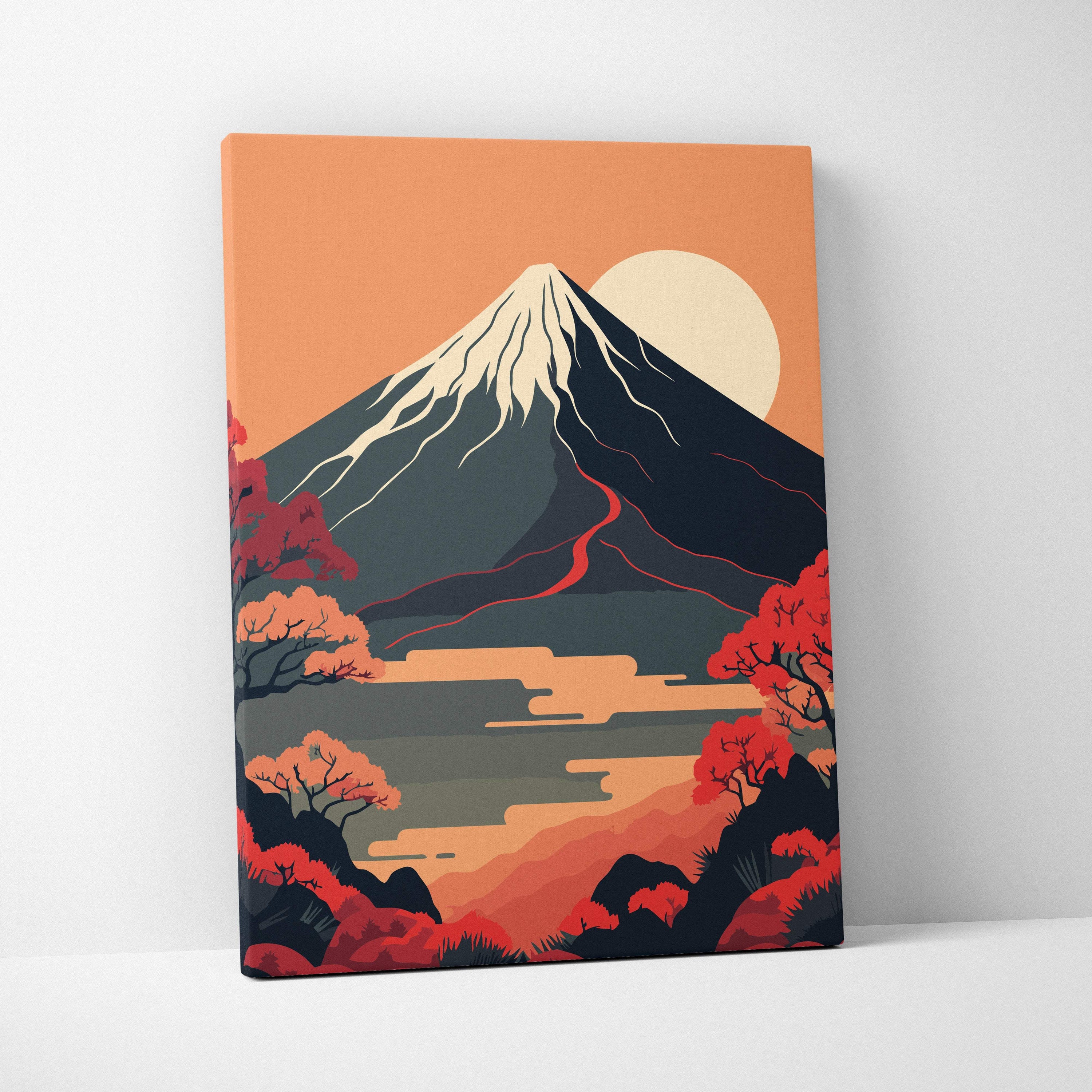 Vibrant mount fuji sunset canvas wall art with red autumn trees and orange sky for warm zen living room decor