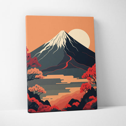 Vibrant mount fuji sunset canvas wall art with red autumn trees and orange sky for warm zen living room decor
