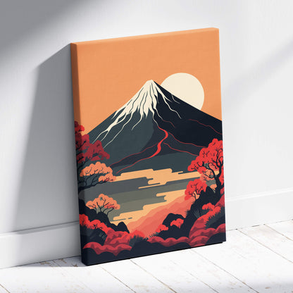 Mount fuji sunset canvas wall art with vibrant orange and red autumn trees and stylized japanese mountain design