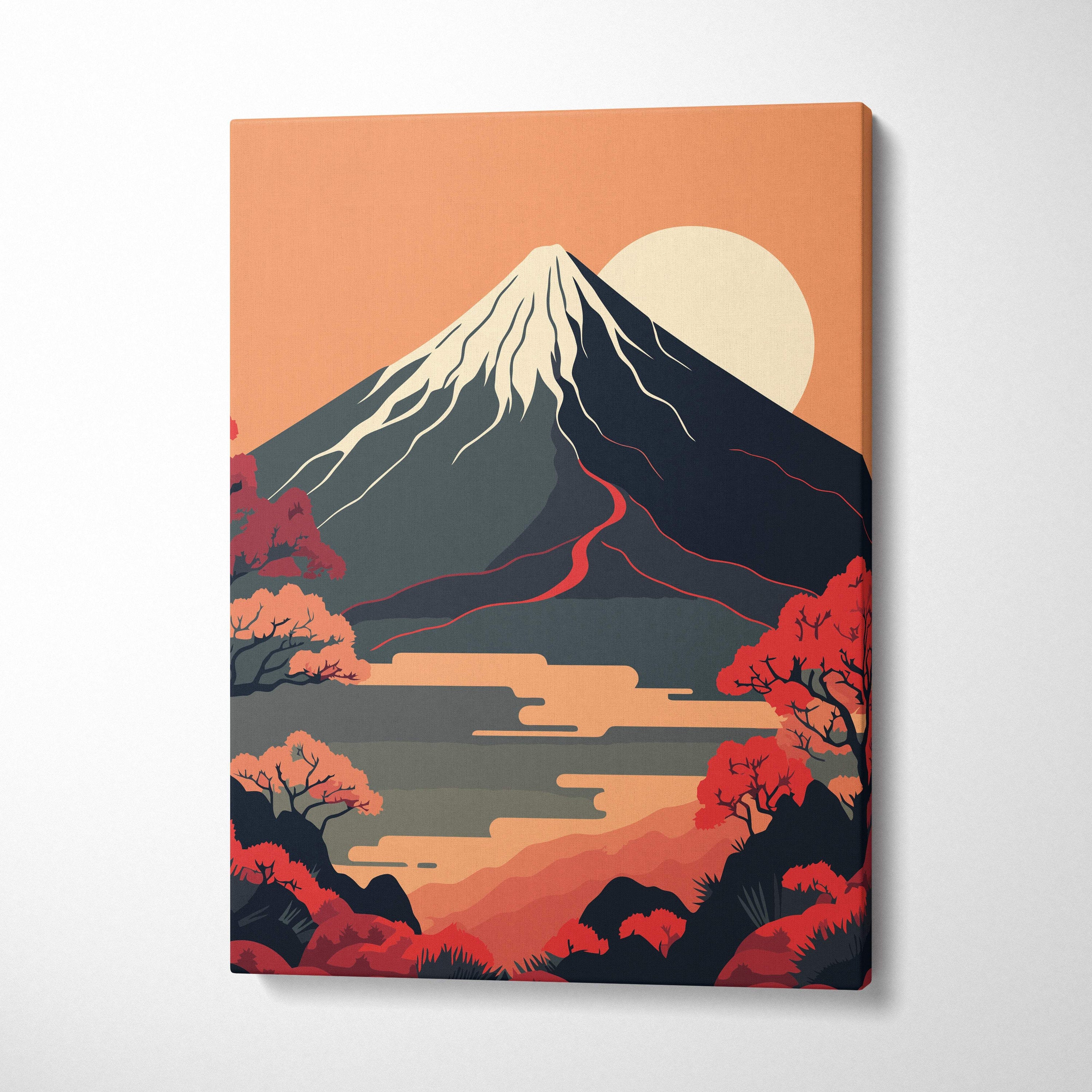 Mount Fuji sunset canvas wall art with vibrant orange red stylized mountain and layered clouds for living room decor