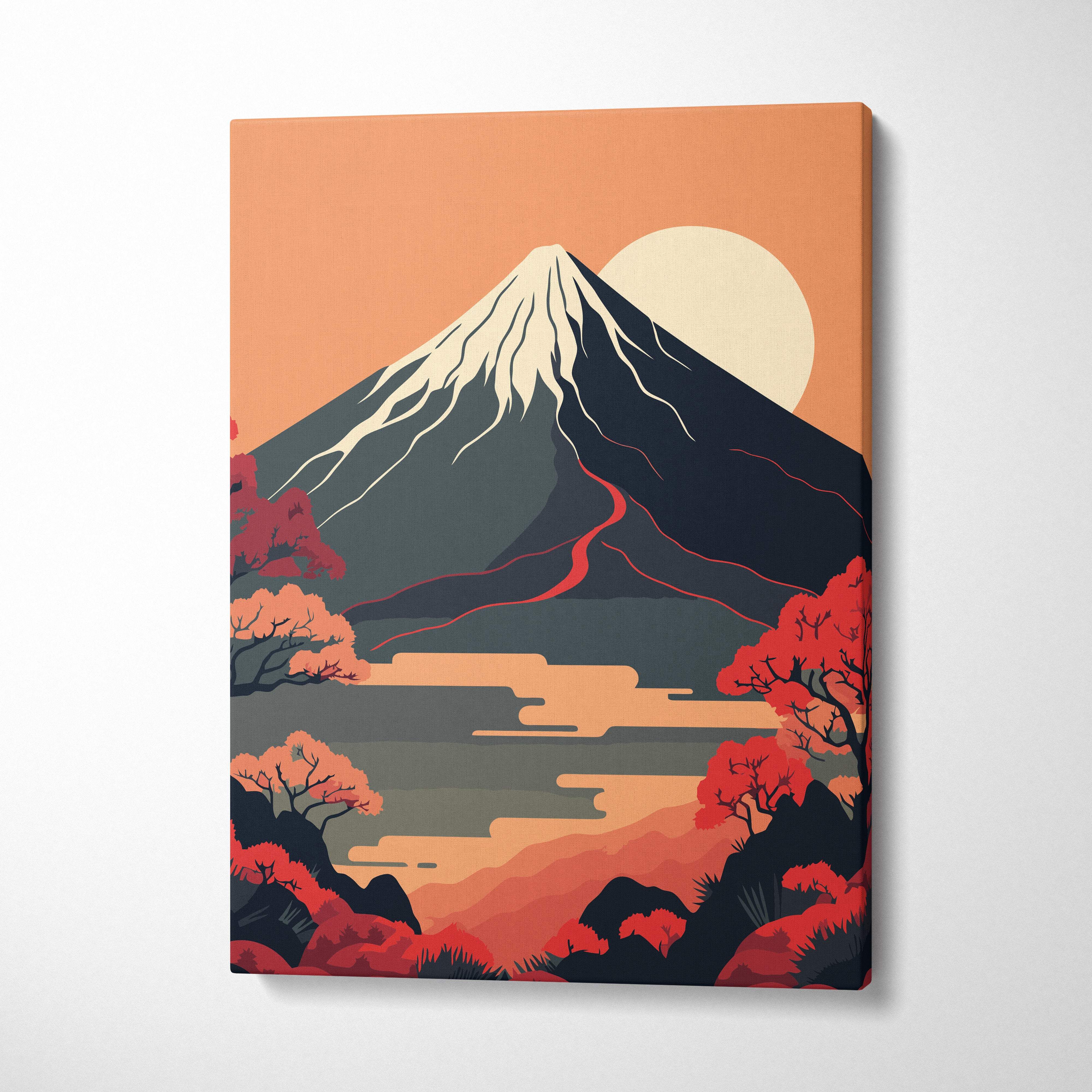 Mount Fuji sunset canvas wall art with vibrant orange red stylized mountain and layered clouds for living room decor