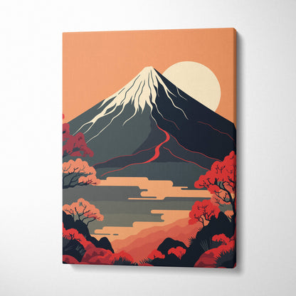 Mount Fuji sunset canvas wall art with vibrant orange red stylized mountain and layered clouds for living room decor