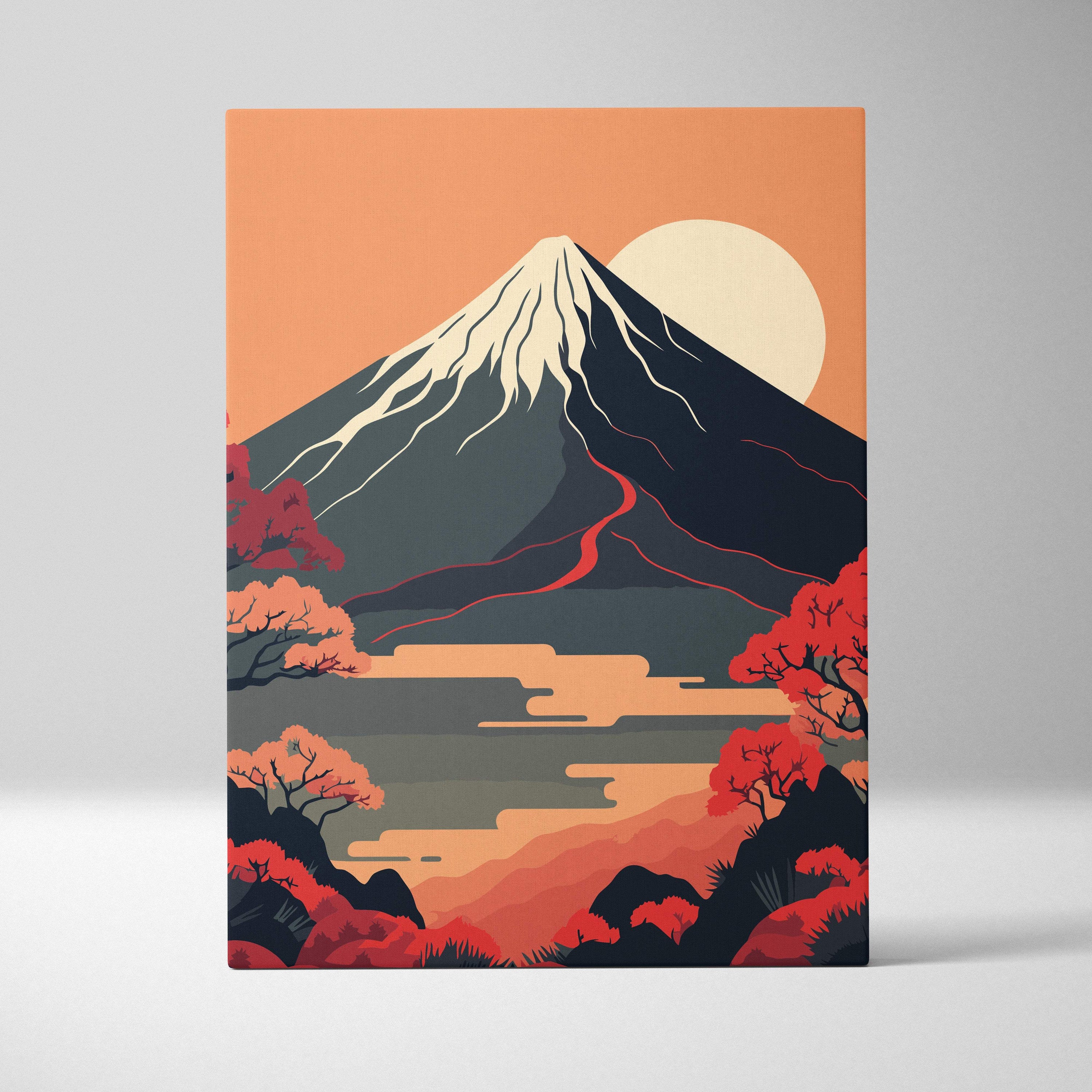 Stylized canvas print of mount fuji with snow peak, vibrant red autumn trees, and orange sunset sky for wall art