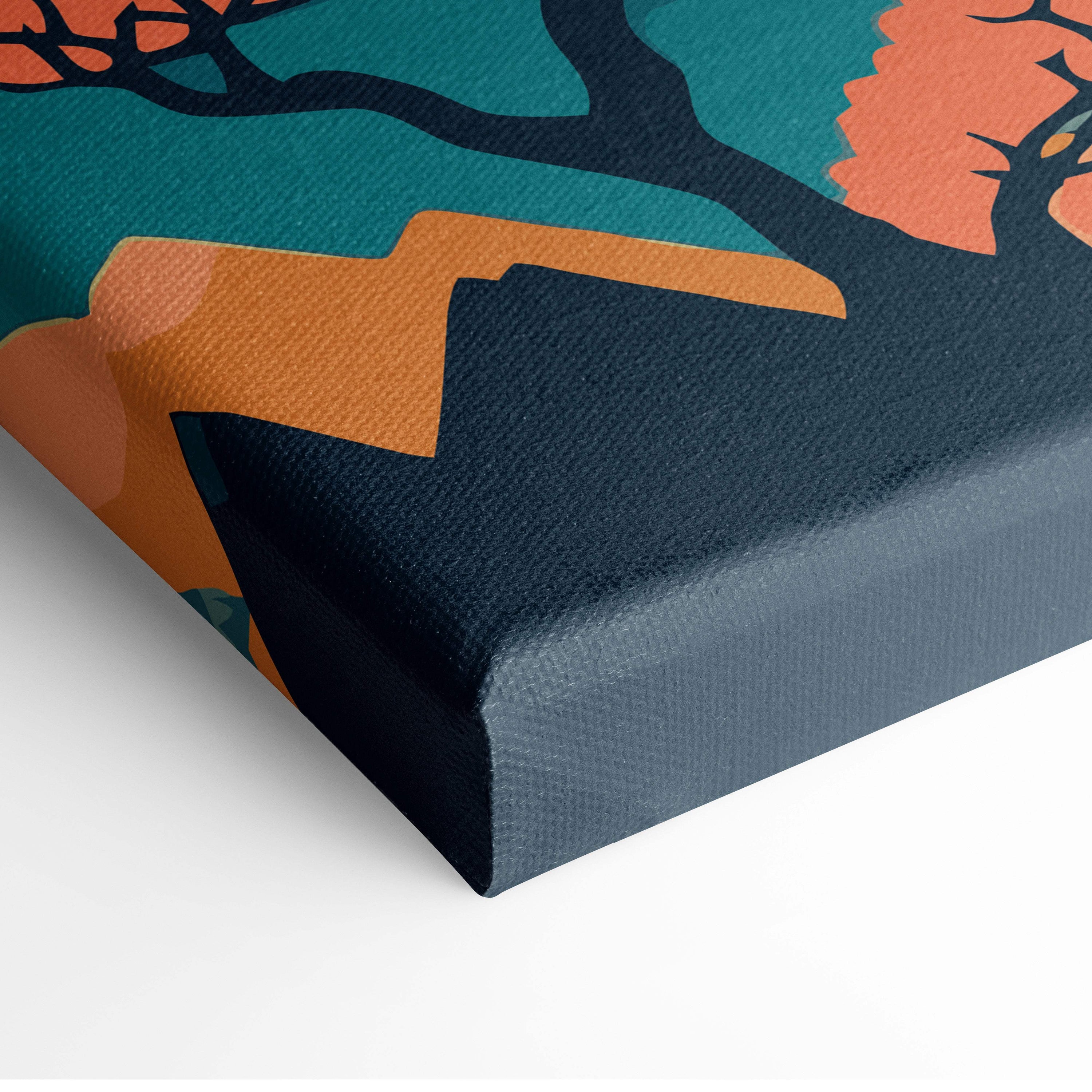 Stylized canvas print of bold teal orange and black abstract tree branches on textured fabric for living room wall art