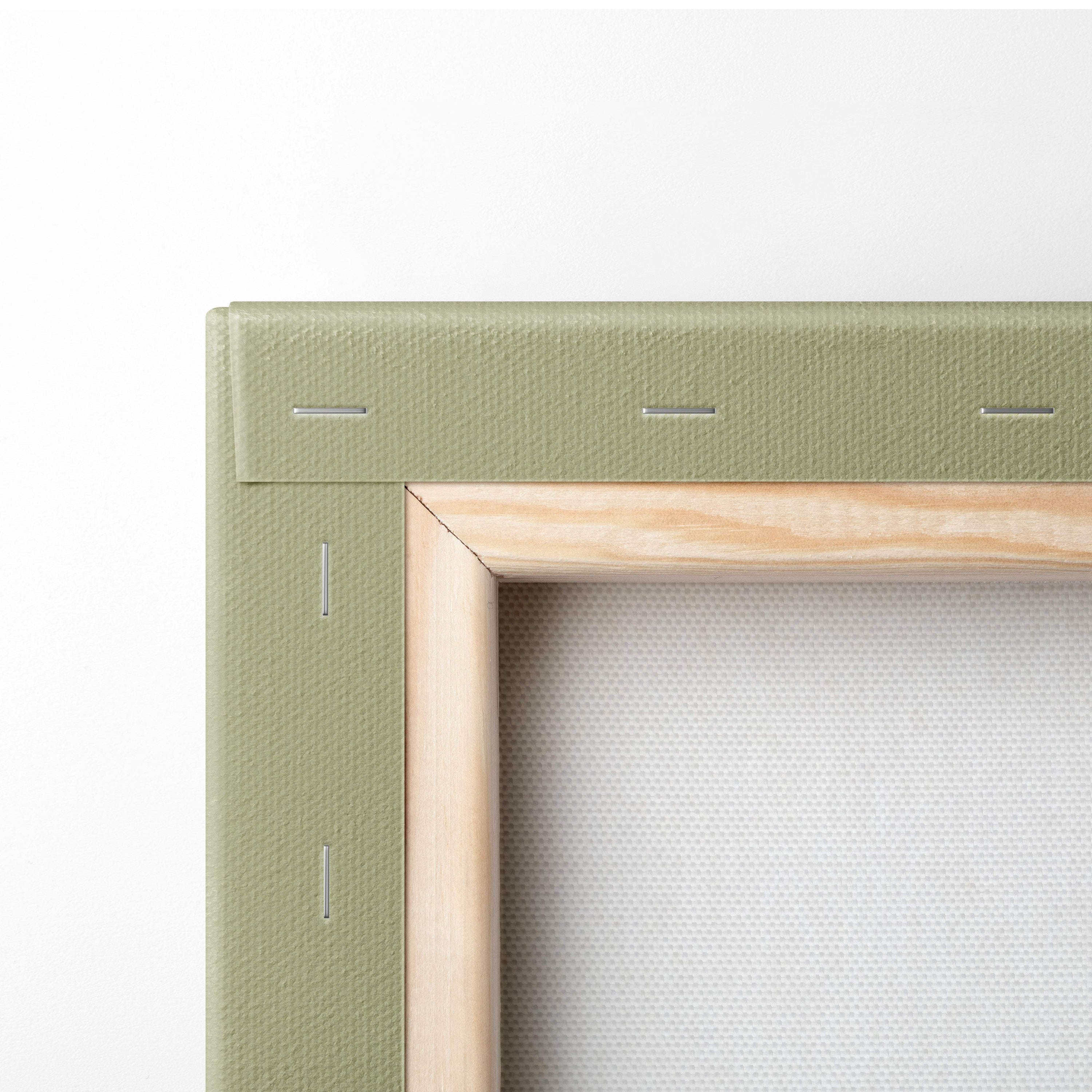 Olive green textured canvas frame with light wood border featuring mount fuji floral red orange zen landscape wall art
