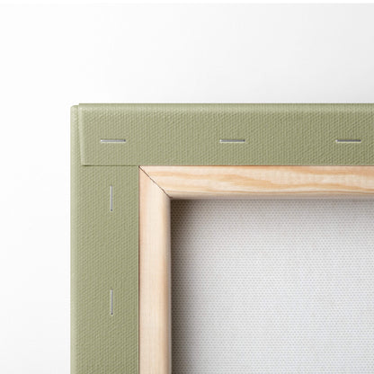 Olive green textured canvas frame with light wood border featuring mount fuji floral red orange zen landscape wall art
