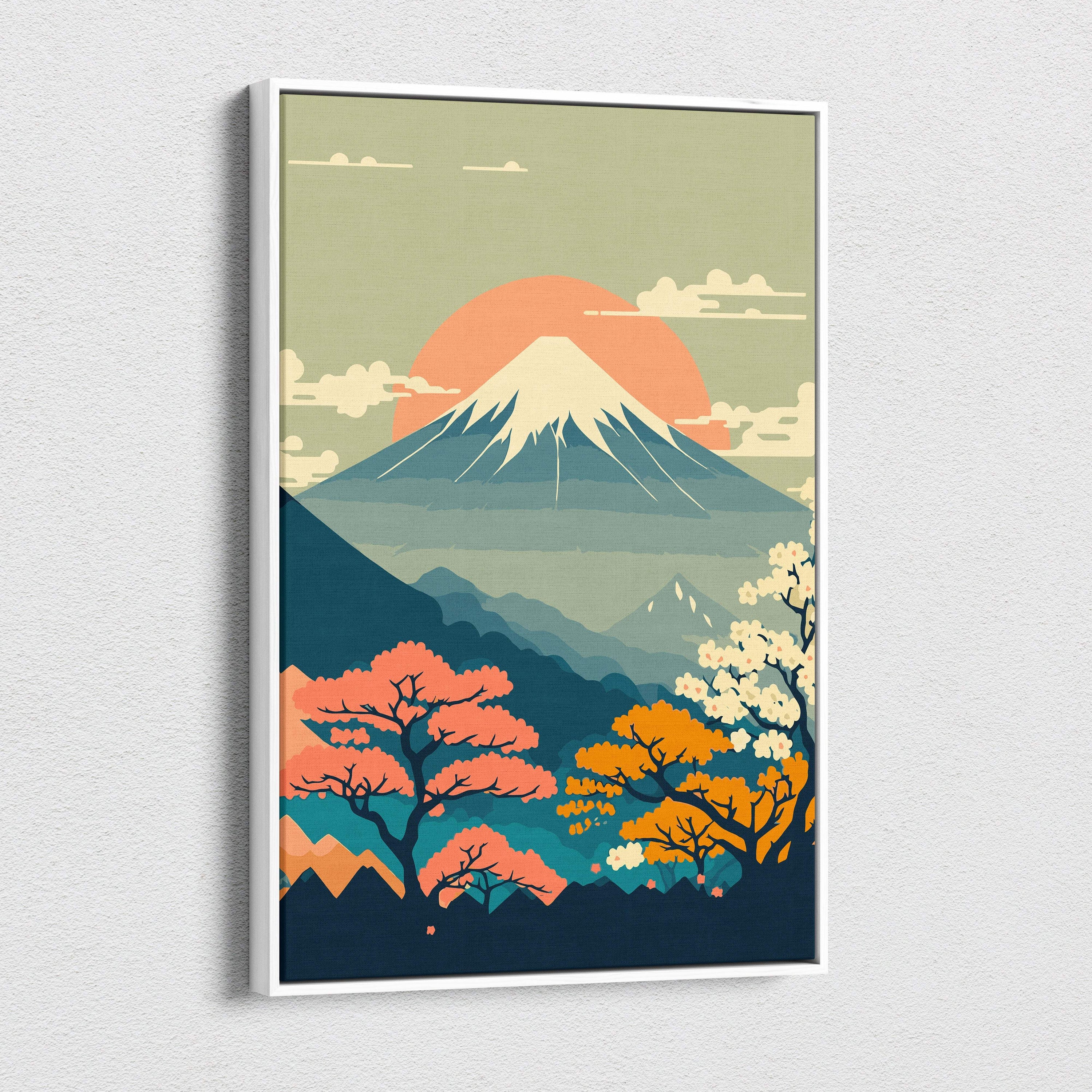 A framed vintage-style mount fuji floral canvas wall art with orange sun teal mountains and autumn trees for bedroom decor