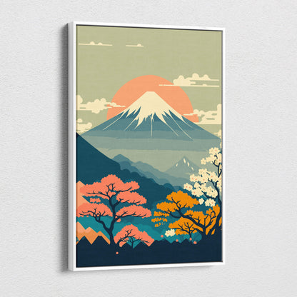 A framed vintage-style mount fuji floral canvas wall art with orange sun teal mountains and autumn trees for bedroom decor