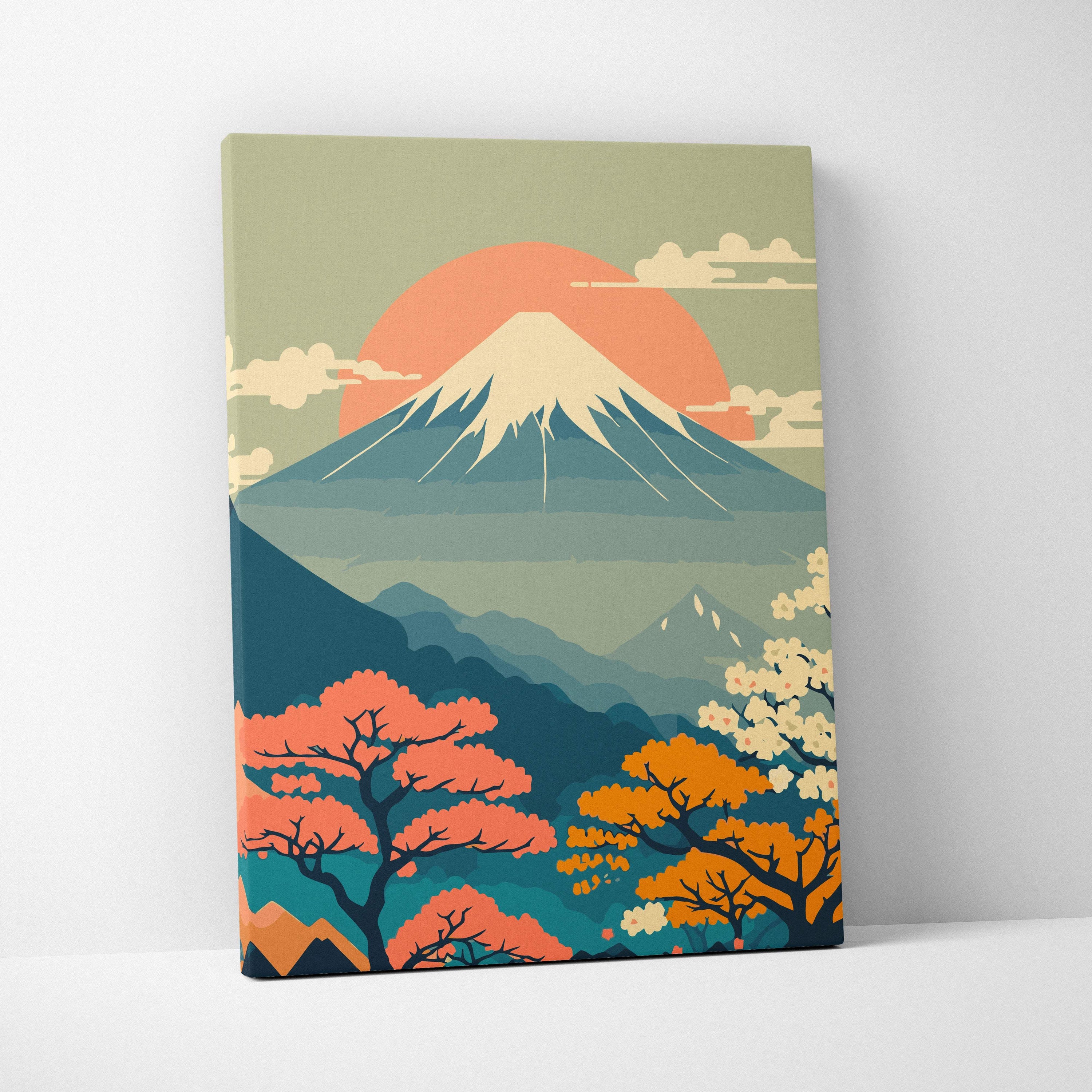 Rectangular canvas print of mount fuji with orange sun and layered pink orange yellow teal mountains for wall decor