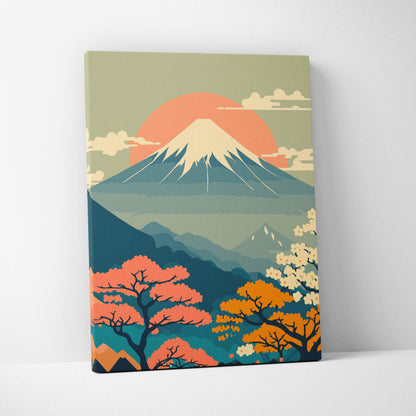Rectangular canvas print of mount fuji with orange sun and layered pink orange yellow teal mountains for wall decor