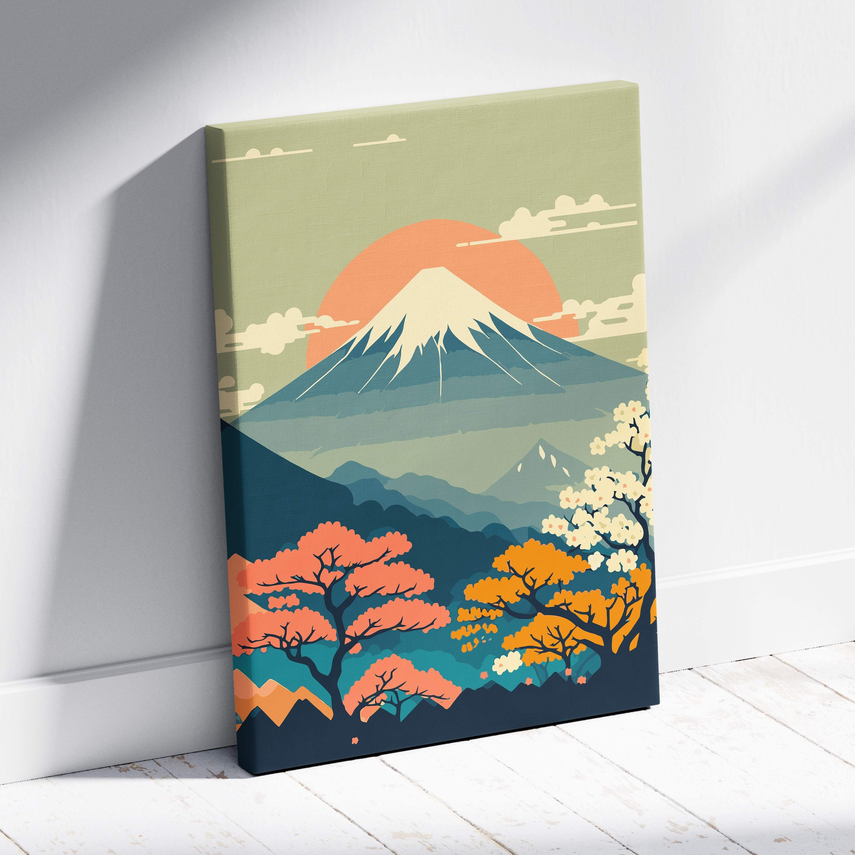 Mount fuji floral canvas wall art with stylized orange sun and colorful autumn trees in warm zen mountain landscape design