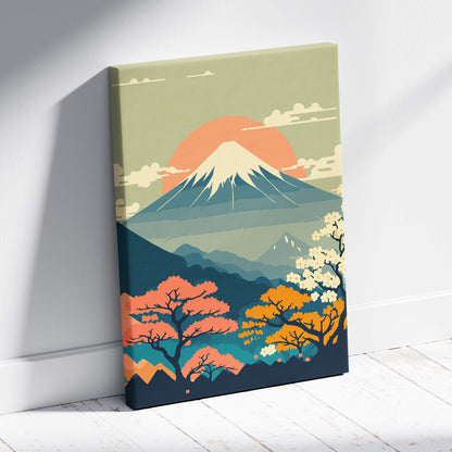 Mount fuji floral canvas wall art with stylized orange sun and colorful autumn trees in warm zen mountain landscape design