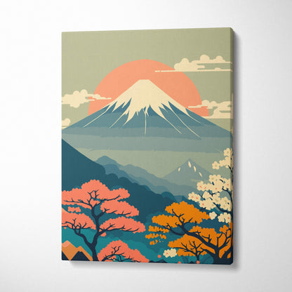 Rectangular canvas print of mount fuji floral illustration with pink cherry blossoms and orange sun on green sky background