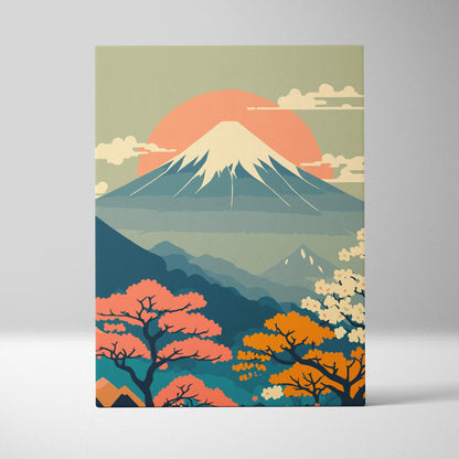 Mount fuji floral canvas wall art with stylized orange sun and autumn trees for warm living room decor