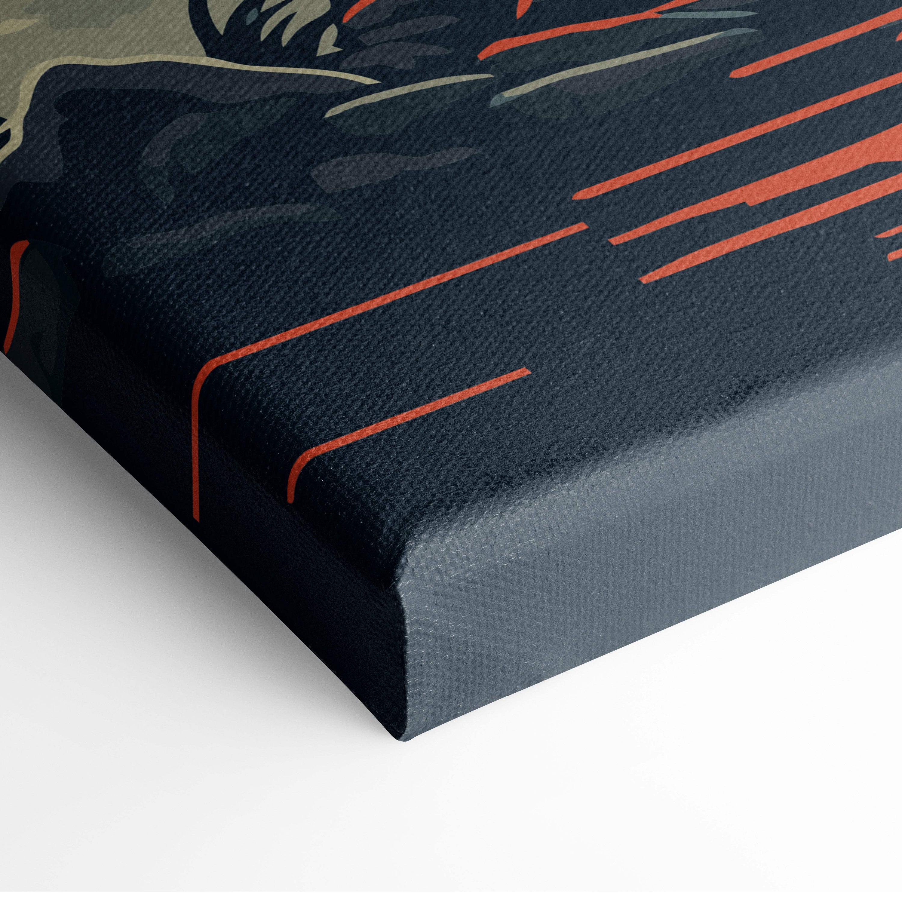 Black canvas print with bold orange and muted green diagonal stripes samurai mount fuji wall art for game room decor