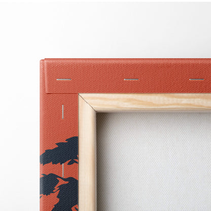 Samurai mount fuji canvas wall art featuring an orange textured canvas frame with a black tree silhouette design