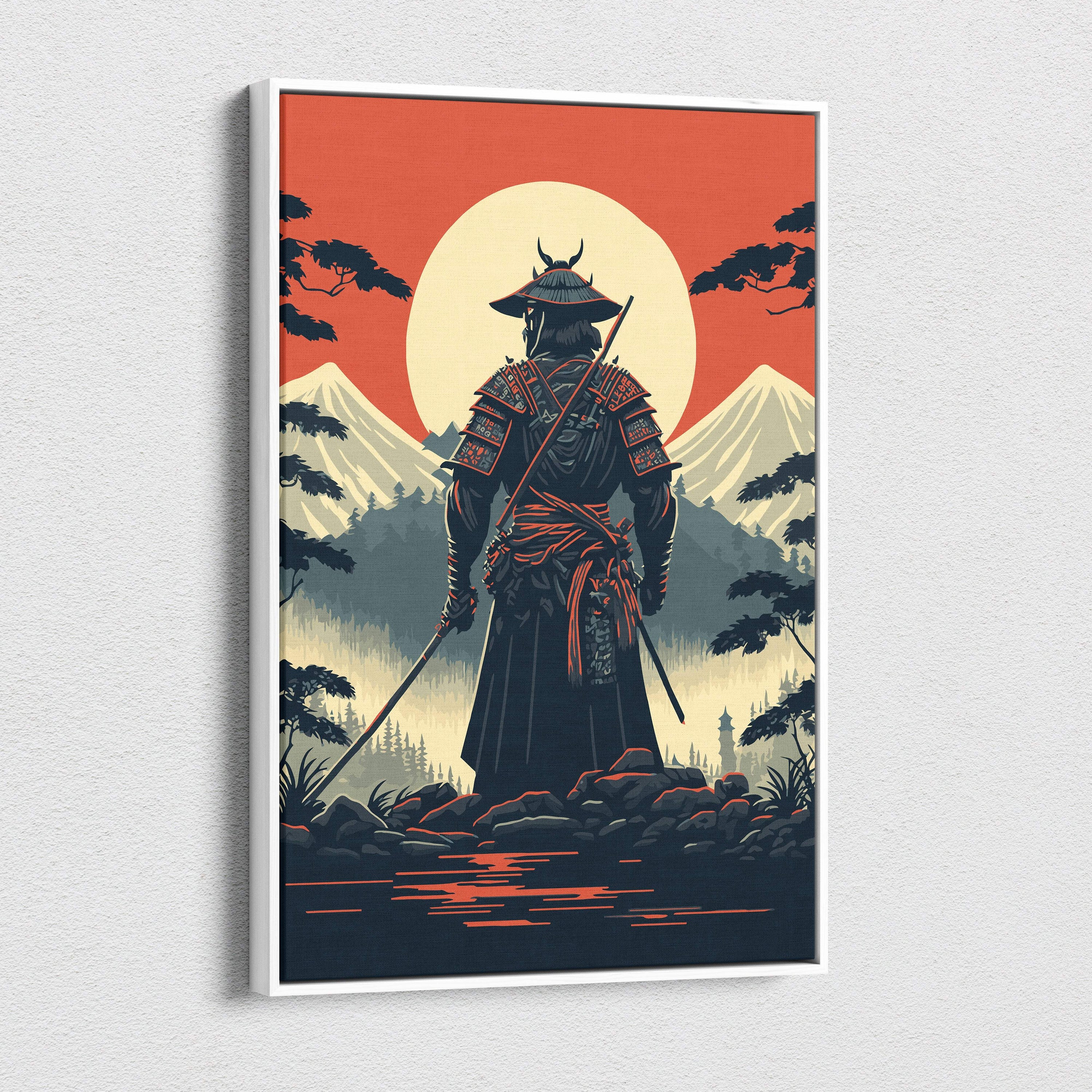 A framed samurai canvas wall art in black and red armor with snow-capped mountains and orange sun background