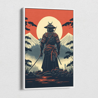 A framed samurai canvas wall art in black and red armor with snow-capped mountains and orange sun background