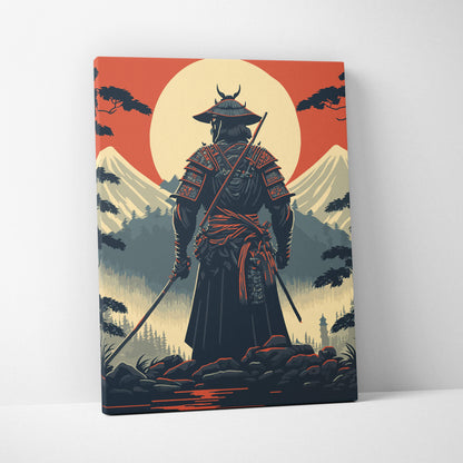 Samurai mount fuji canvas wall art with black and red samurai before glowing sun and snow-capped mountains