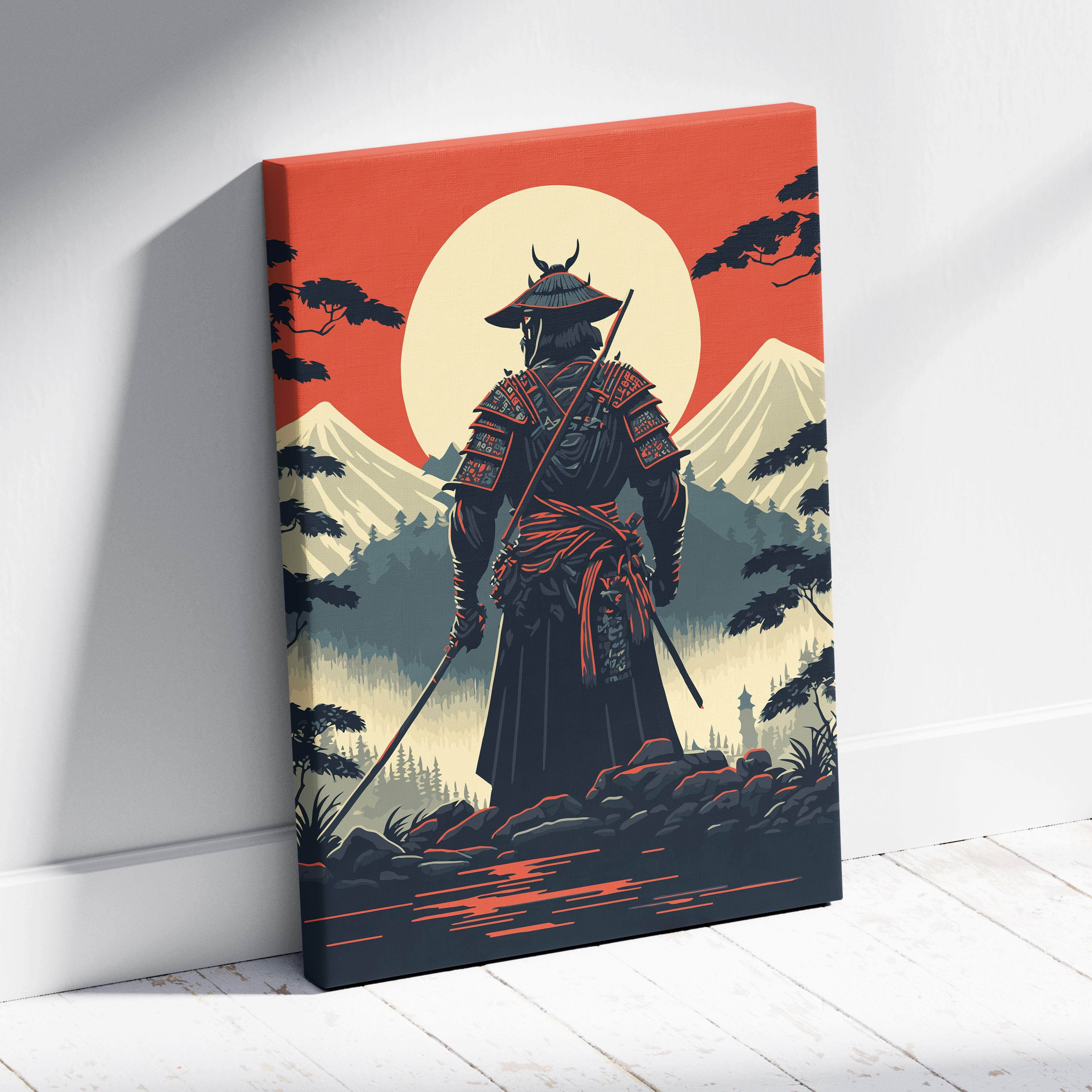 Samurai mount fuji canvas wall art with stylized black and red samurai against orange sun and snow-capped mountains