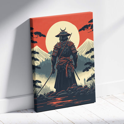 Samurai mount fuji canvas wall art with stylized black and red samurai against orange sun and snow-capped mountains