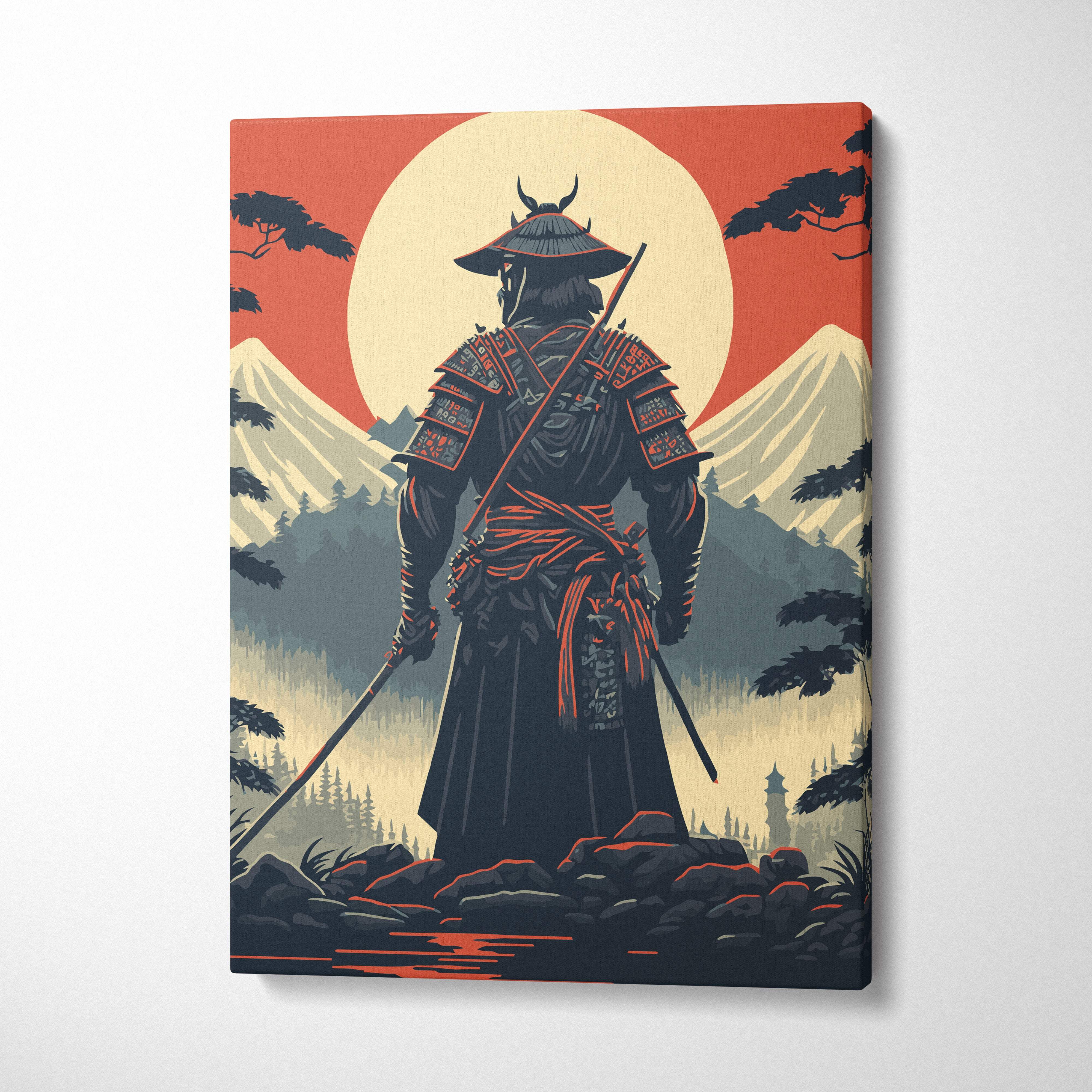 Samurai mount fuji canvas wall art featuring a dark armored samurai with red accents before an orange sun and snowy mountains