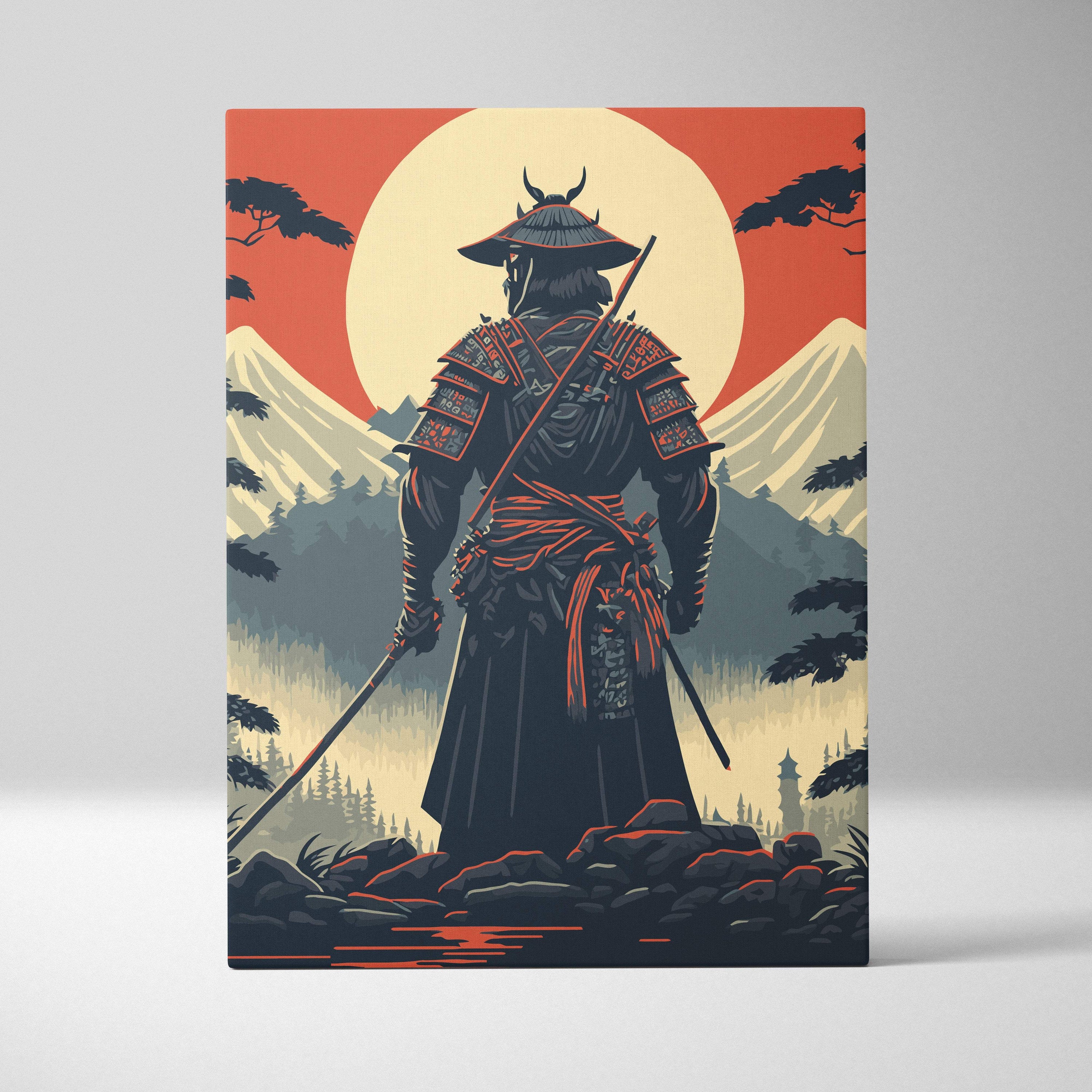 Samurai Mount Fuji canvas wall art featuring a stylized samurai in black and red armor with a rising sun background