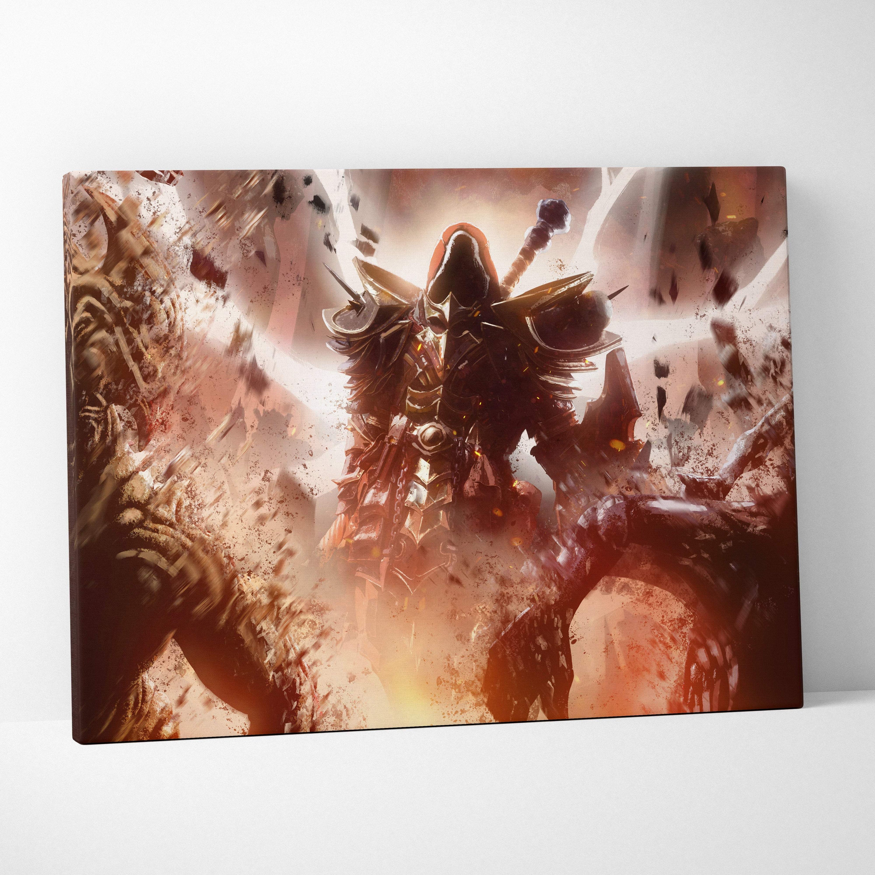 Framed canvas print of a dark armored necromancer warrior battling undead in gothic fantasy orange and red lighting