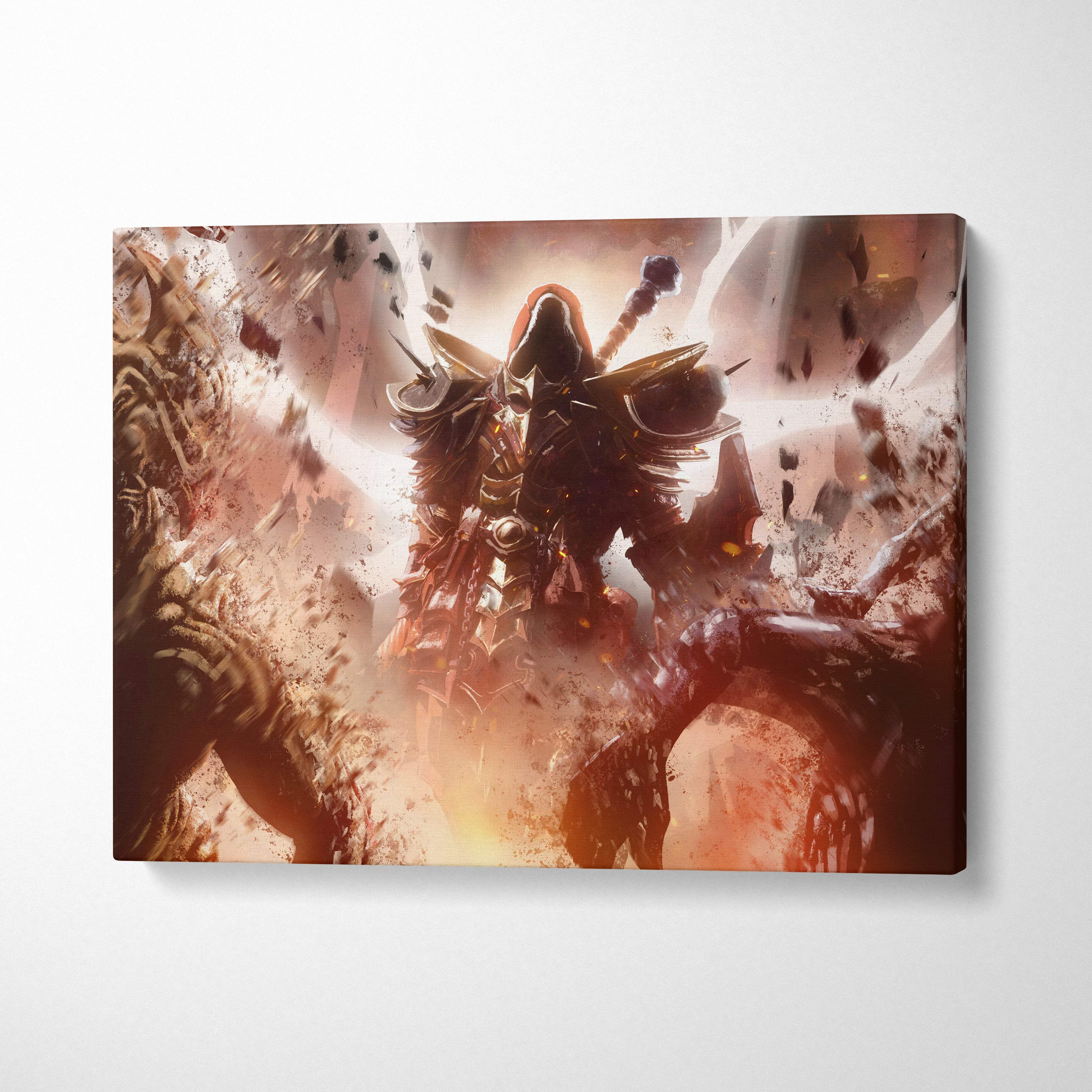 Dark necromancer warrior canvas art showing a red and gold armored knight with a glowing weapon in explosive chaos