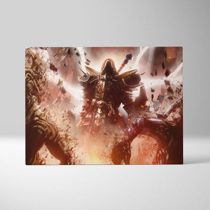 A rectangular canvas print of a dark necromancer warrior battling undead with glowing orange red lighting