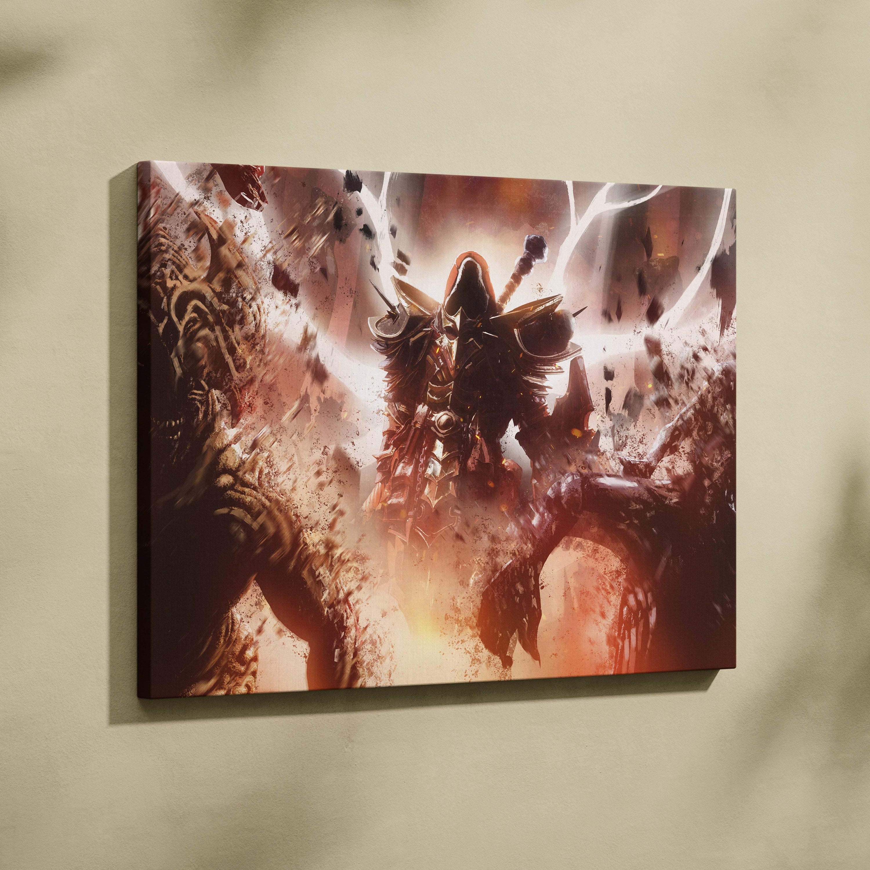 A framed canvas print of a dark armored necromancer warrior in fiery orange and red tones battling undead foes