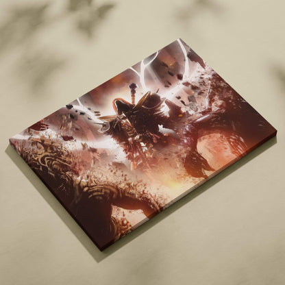 Rectangular canvas print of a dark necromancer warrior battling undead in fiery orange and red gothic fantasy tones