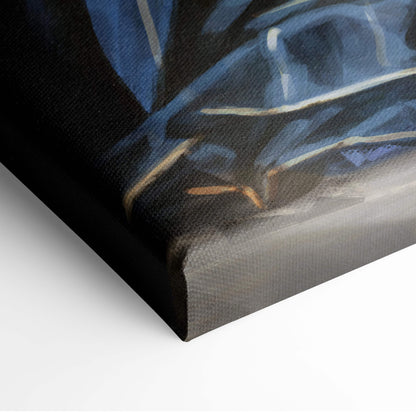 A canvas print of holy paladin knight wall art with deep blue and black textured abstract painting and golden light magic accents