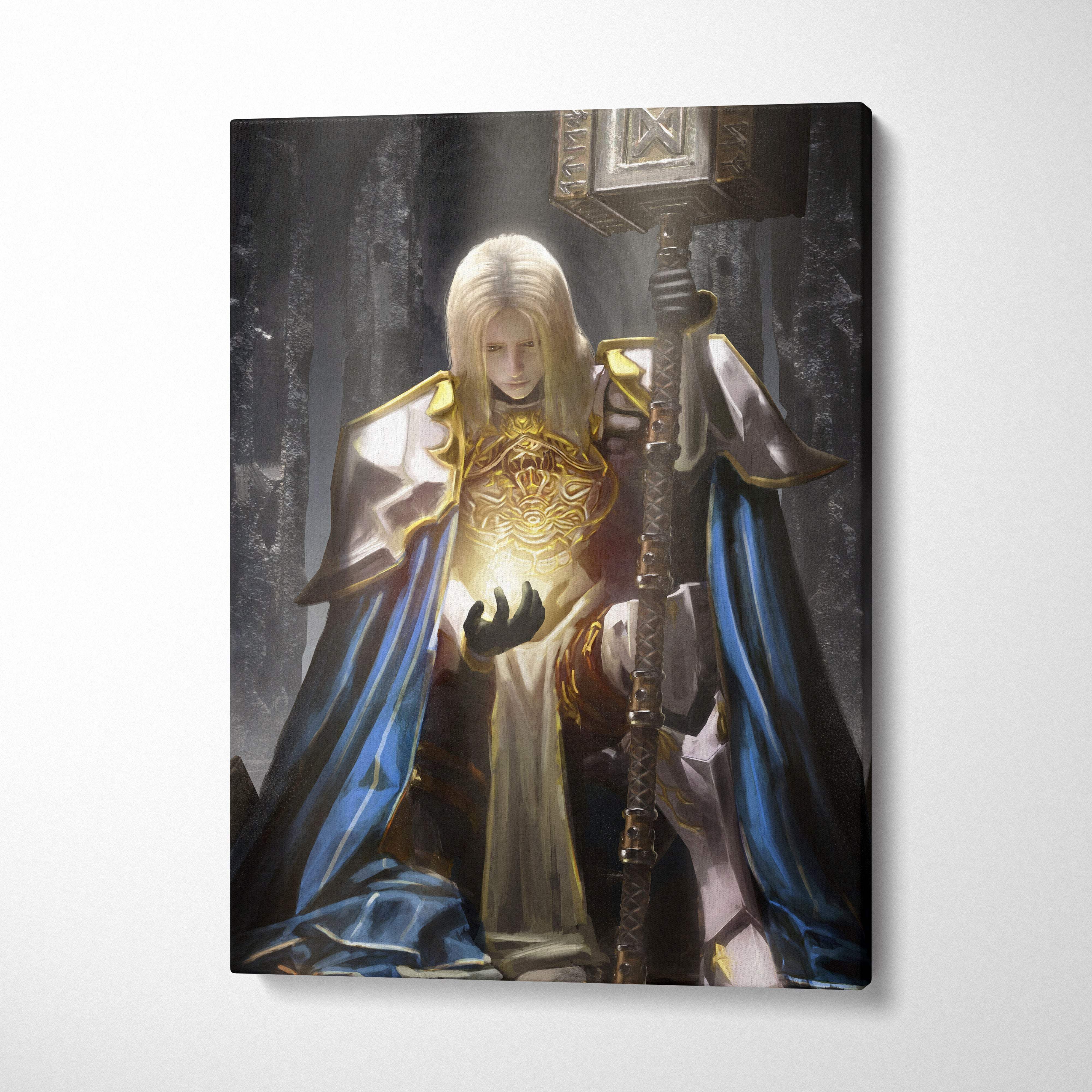A framed canvas print of a holy paladin knight in gold and blue robes holding an illuminated staff in a dark forest