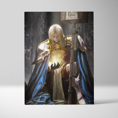 A framed canvas print of a holy paladin knight with long white hair in gold and blue armor holding an ornate mace