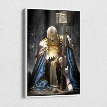 A framed canvas wall art of a holy paladin knight in golden armor and blue robes holding a detailed hammer