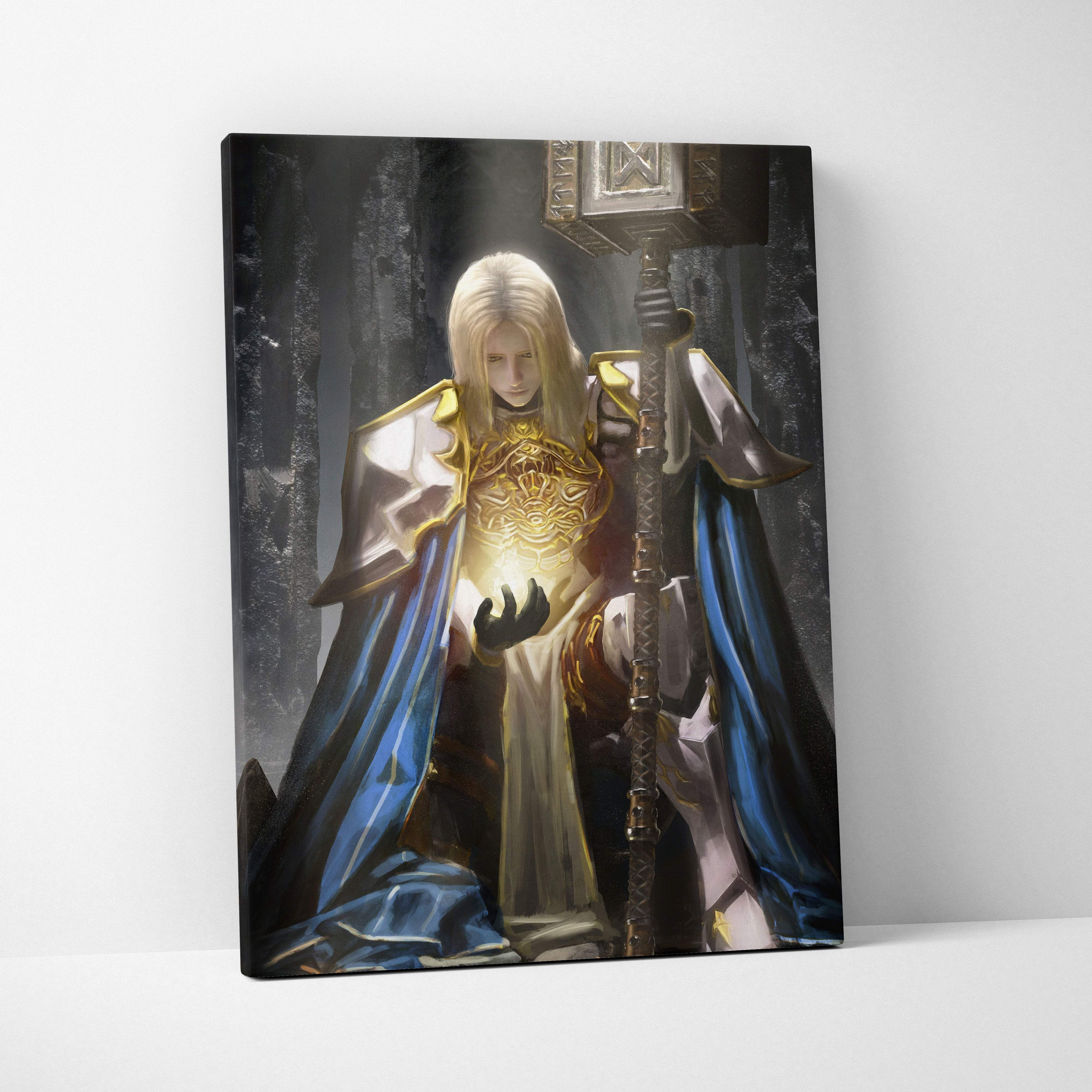 A framed canvas print of a holy paladin knight with white hair in gold blue armor holding a glowing orb