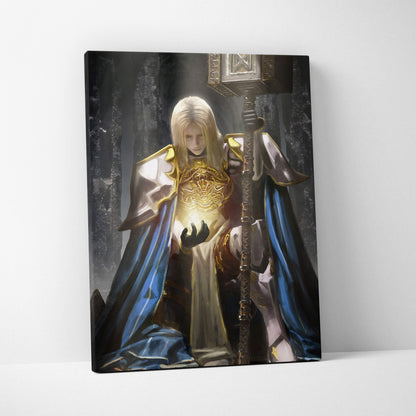 A framed canvas print of a holy paladin knight with white hair in gold blue armor holding a glowing orb