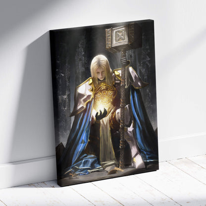 A framed canvas print of a holy paladin knight in golden armor and blue cape holding a detailed mace in a dark forest setting