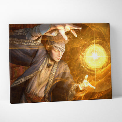 Rectangular canvas print of a fantasy wizard in gold-trimmed robes channeling golden energy orb in mystic library setting