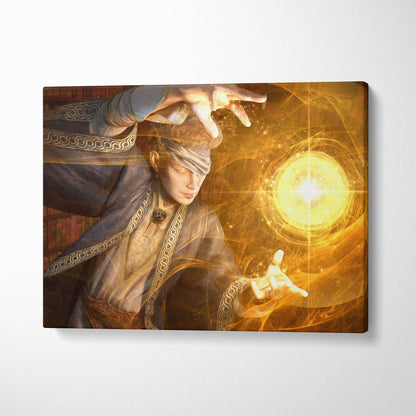 A rectangular canvas print of a fantasy mage in gold robes channeling glowing magic orbs in a mystic library setting
