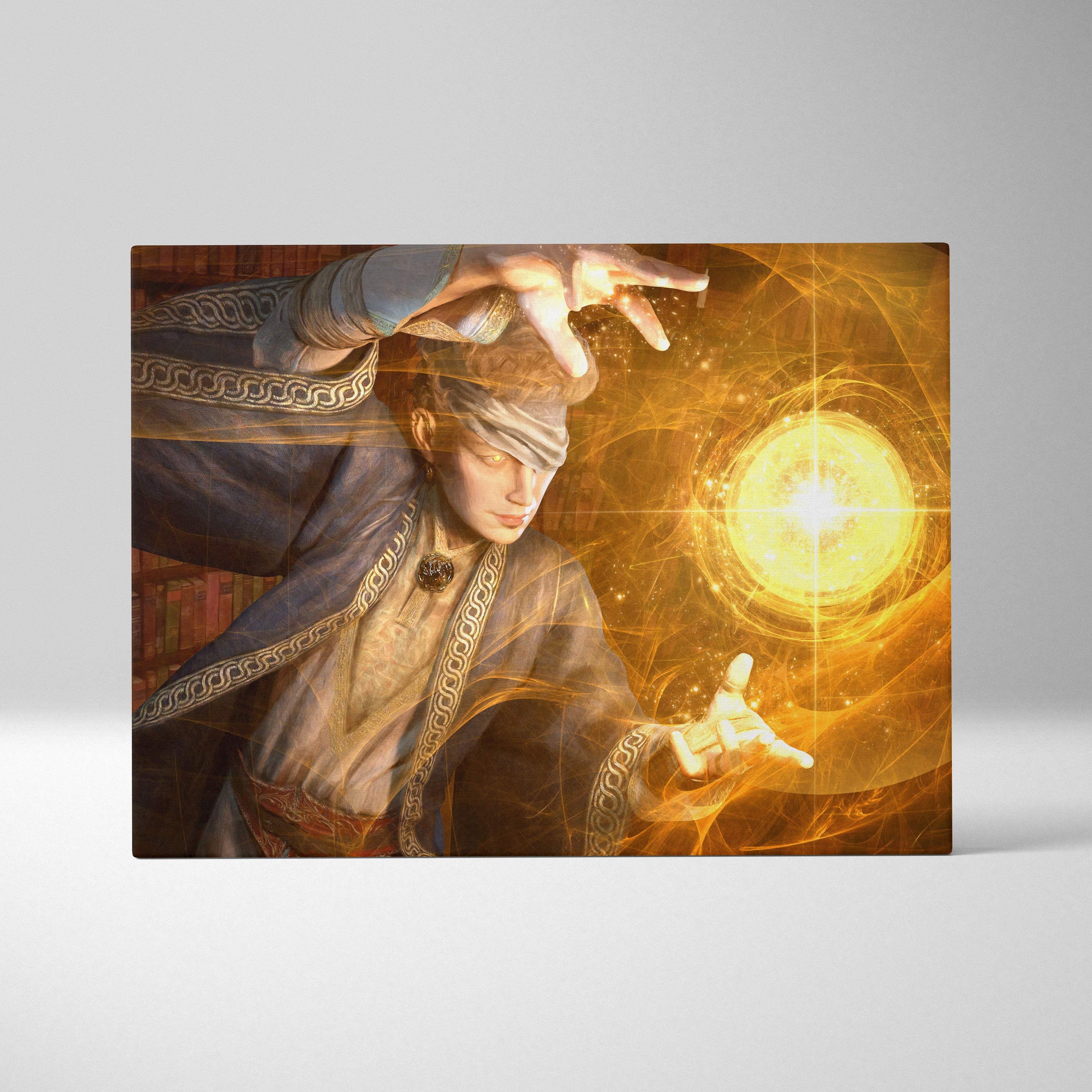 A rectangular canvas print of a mystical mage in flowing robes channeling golden energy into a radiant orb