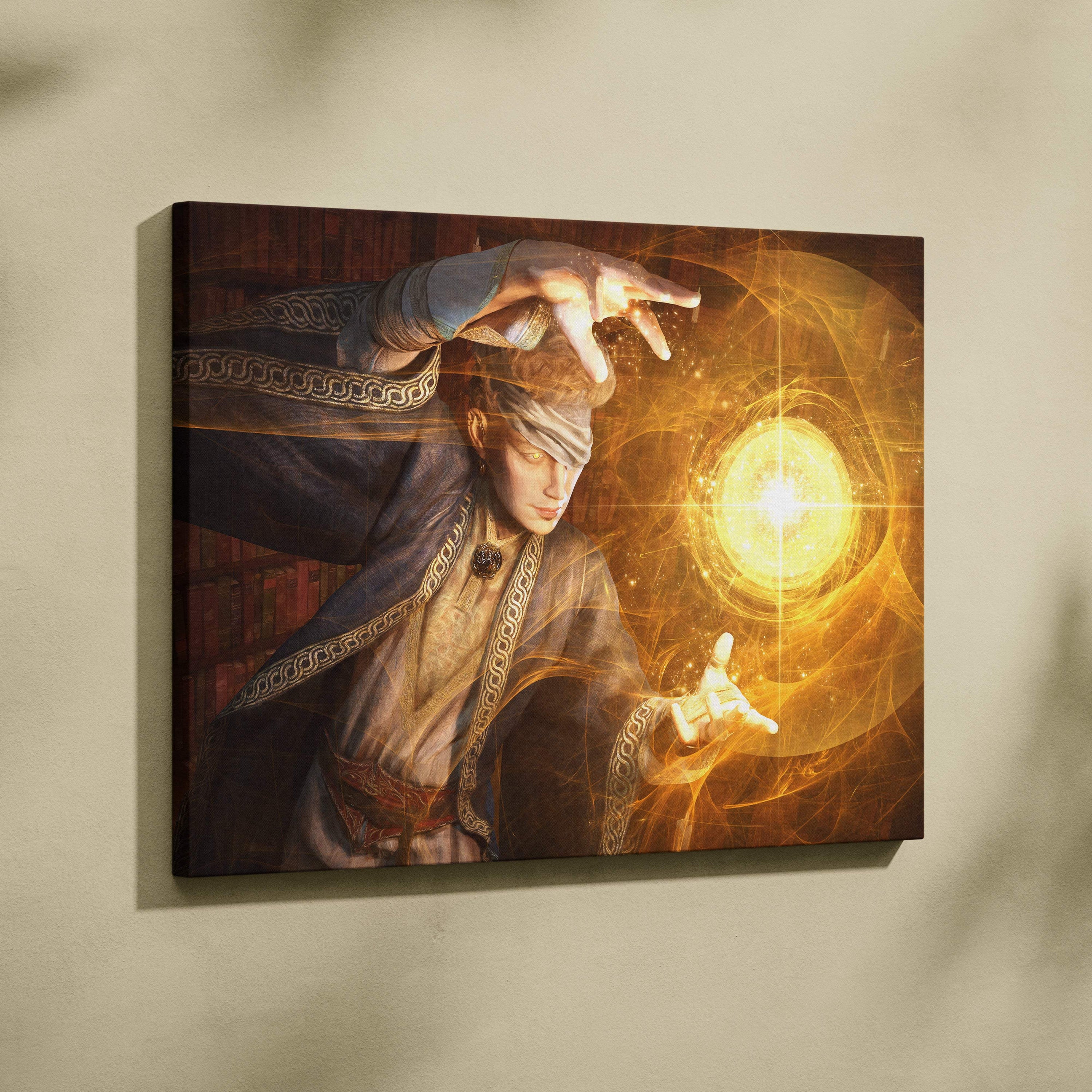 A rectangular canvas print featuring a mystical mage in ornate robes channeling golden energy with warm ambient light