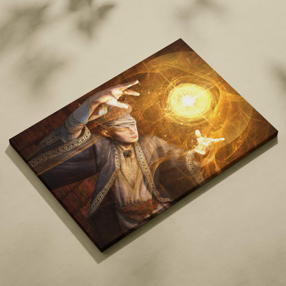 Rectangular canvas print of a blindfolded arcane mage in ornate robes channeling golden magic orb in warm cinematic light