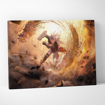 Epic valkyrie warrior canvas art featuring a dark armored female knight leaping through a fiery explosive tunnel